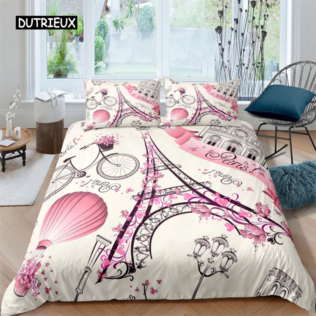 France Eiffel Tower Duvet Cover Romantic Couple Comforter Cover Microfiber France Paris Cityscape Bedding Set For Adults Decor