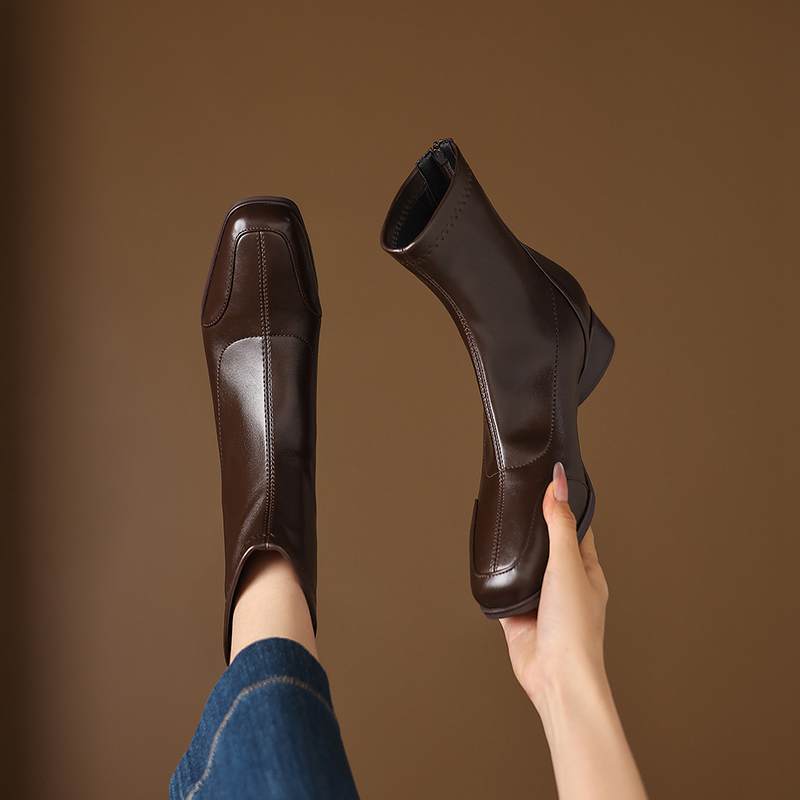 Krazing Pot Microfiber Winter Square Toe Modern Size 33 Boots Size 43 Concise Design Med Heels Zipper Women Ankle Boots