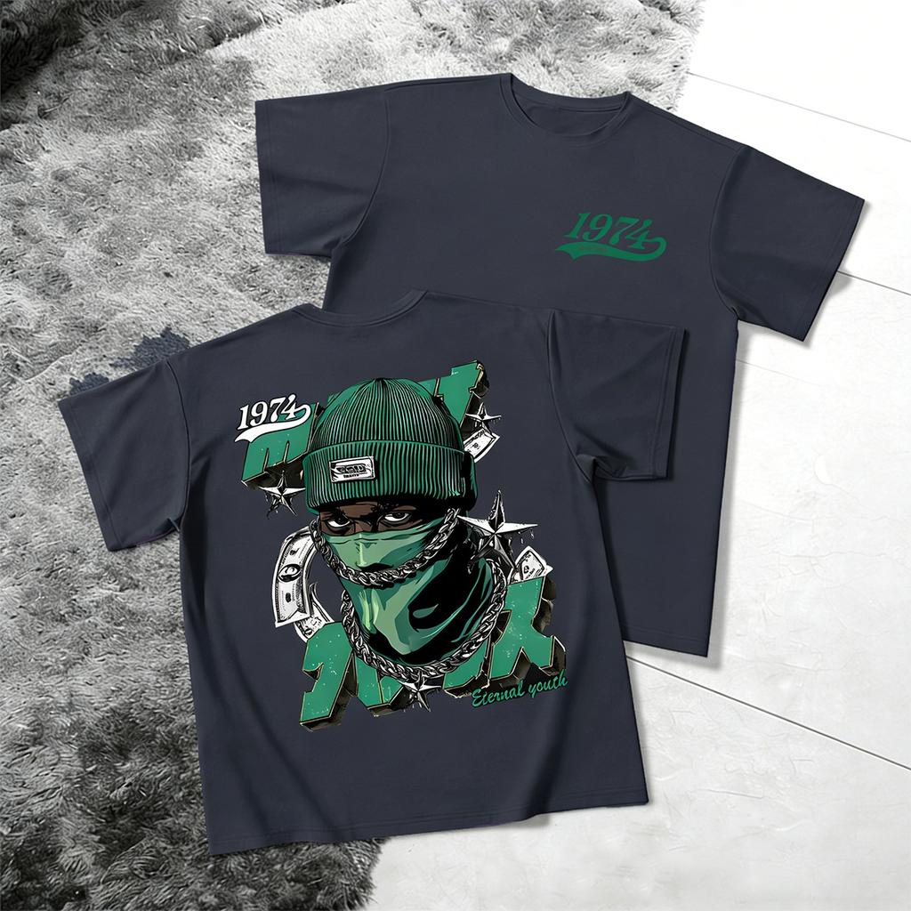 Street Hip-Hop Style Short-Sleeve T-Shirt with Money, Stars, and Masked Man Print – Trendy Couple T-Shirt