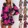 New Long Sleeved V-neck Fashion Print Waist Wrap Dress