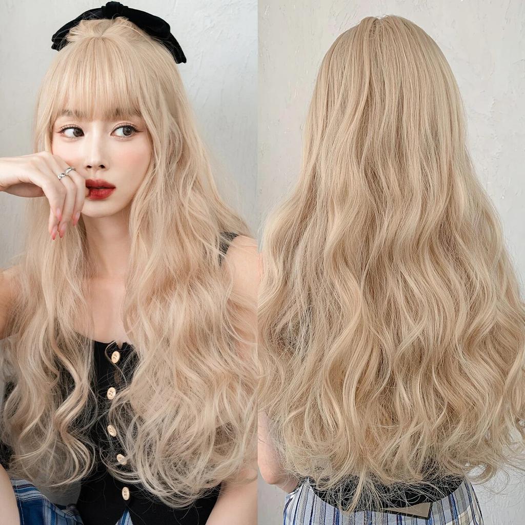 WIGS Long Wavy White Pink Wig for Women Daily Party Synthetic Light Blonde Wigs with Bangs Costume Lolita Wig 26 Inch