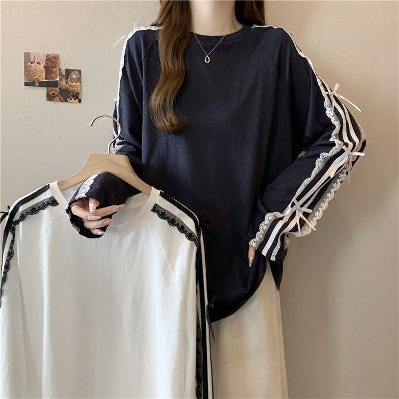 Casual O Neck Long Sleeve T-shirt Lace Patchwork Loose Bow Women Clothing Korea Mid-length Slim Tops