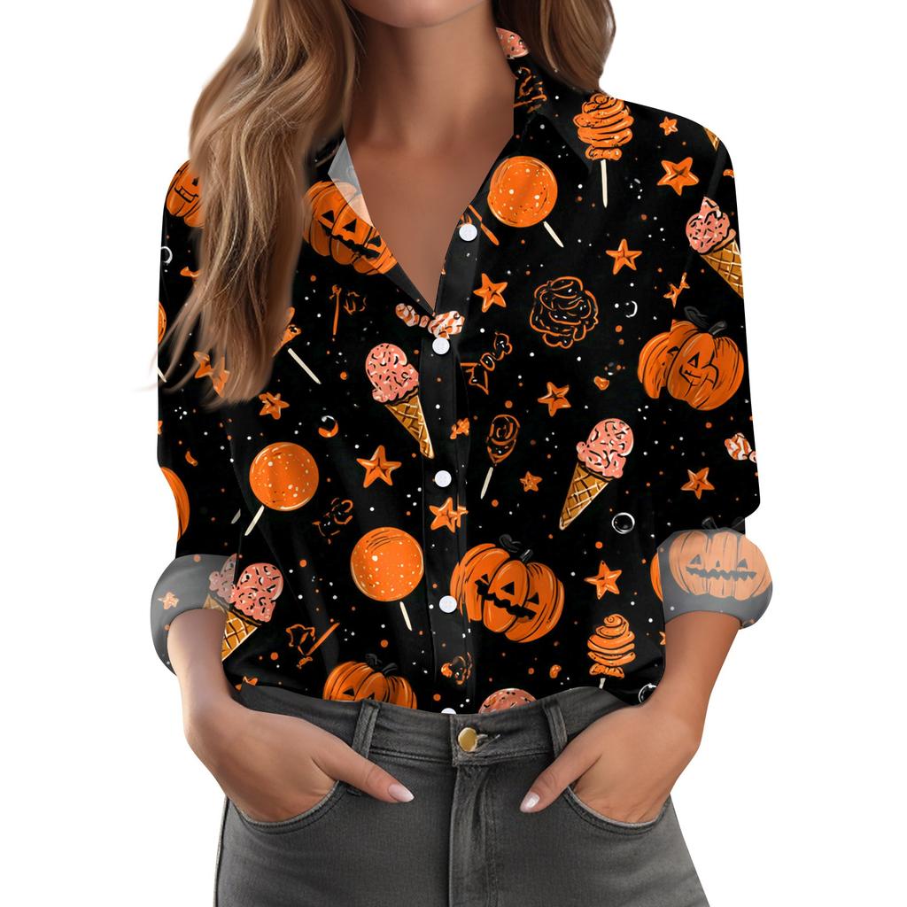 Women's Halloween Printed Casual Half-Open Collar Long Sleeve Shirt