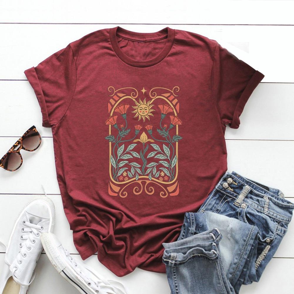 T-shirt Fleurs Sauvages Bohème T-shirt Fleurs Bohèmes Femme Manches Courtes T-shirts Vintage Casual Hauts Floraux Nature T-shirt Vêtements Femme