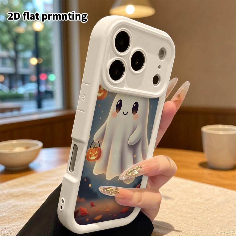 Phone Case: 2D Flat Design Suitable for iPhone 18 17 16 15 14 13 Pro Tiered Protective Case, Ghost Carrying a Pumpkin, Halloween Gift