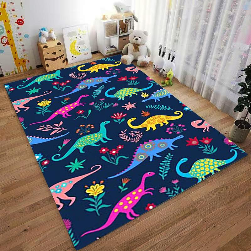Colorful Dinosaur Pattern Carpet with Floral Design, Navy Blue Background Suitable for Use As an Anti-slip for Living Room Bedroom Sofas