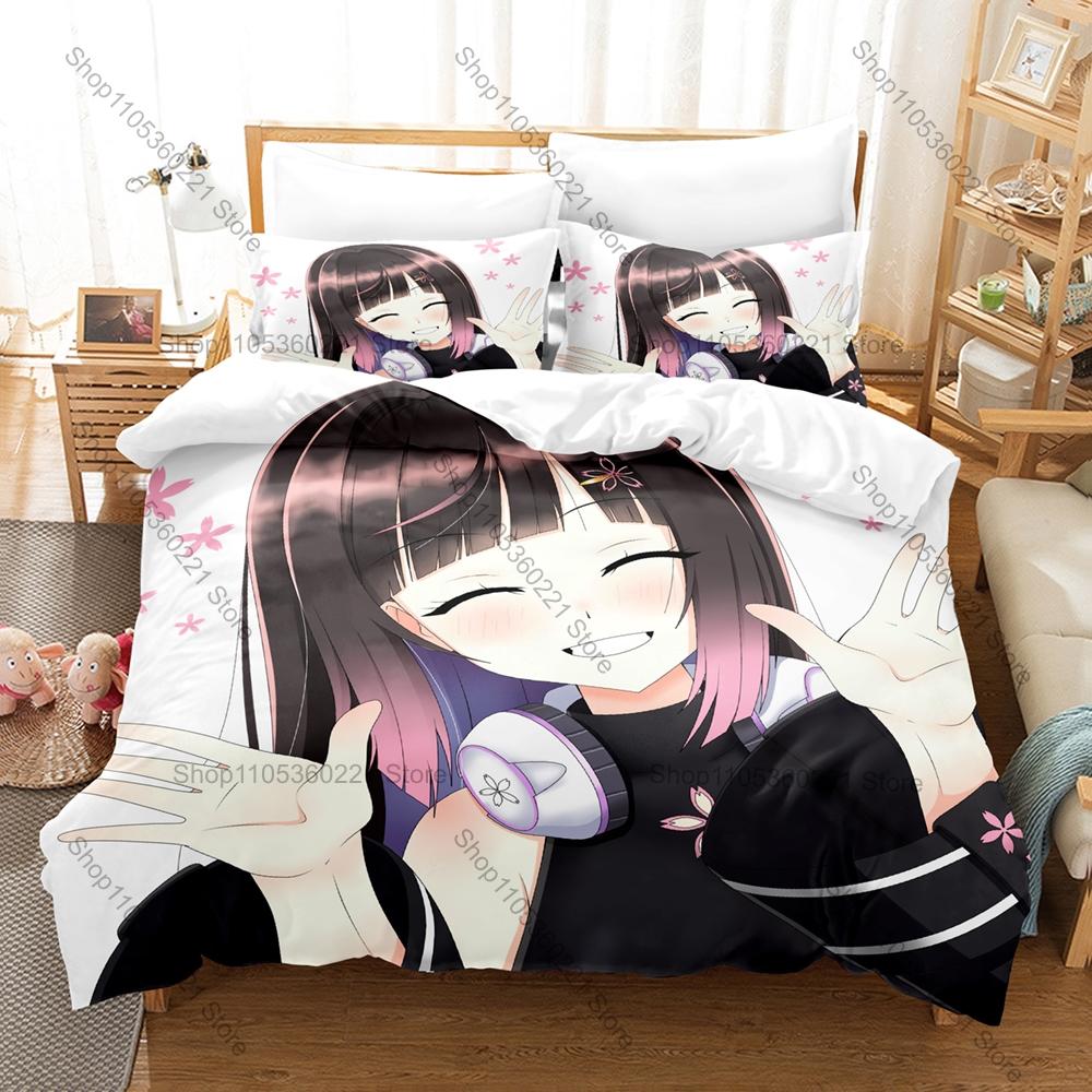 Cool Hana Yomeguri Bedding Set Duvet Cover + 2 Pillowcases Polyglot Indie Kawaii Pink Blue Black Anime Bedroom Decor