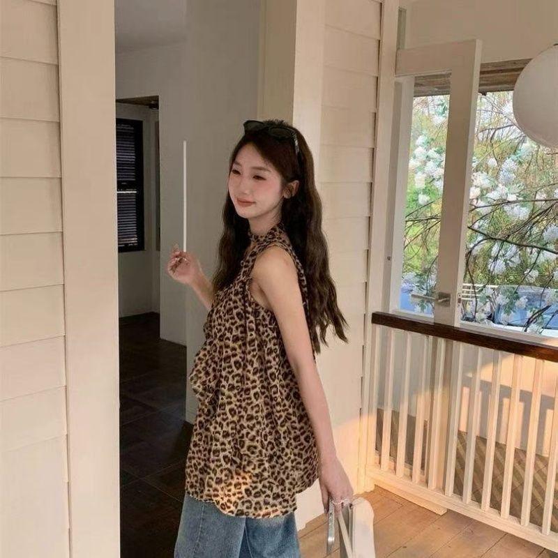 Sweet and cool babes leopard print streamer vest suspender women's summer design retro ruffle edge loose sleeveless top