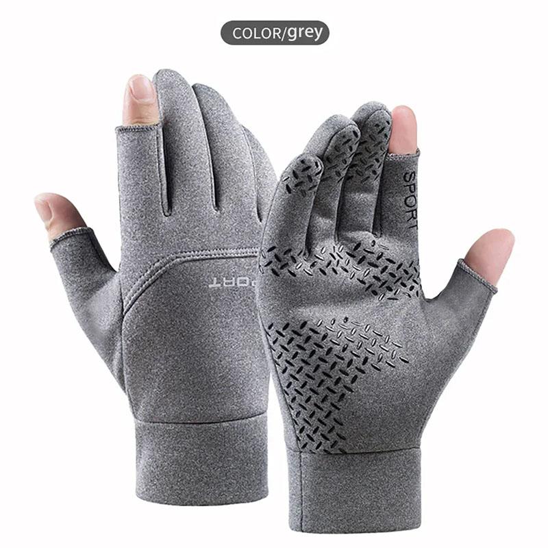 Winter Waterproof Fishing Men s Gloves Women s Cycling Warm Anti Slip Outdoor Sports Exposed Two Finger Touch Screen Gloves L серый