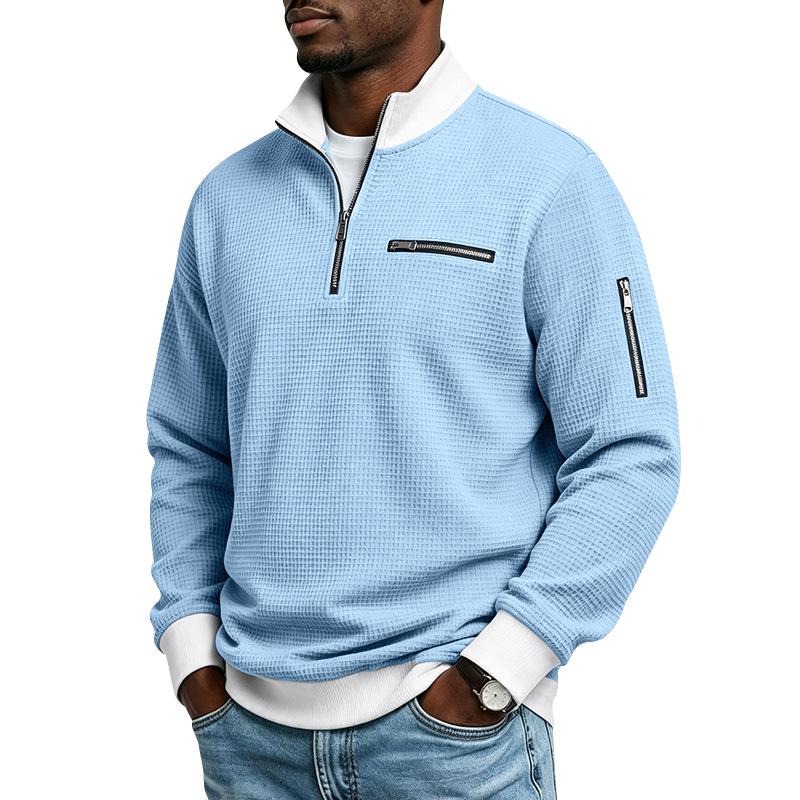 Men's Waffle Textured Half Zip Sweatshirt Stand Collar Long Sleeve Casual Pullover