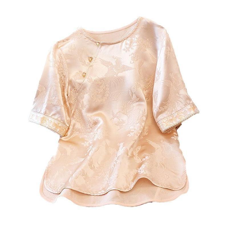 2025 jacquard satin short-sleeved shirt women's summer new fashion temperament cute pink top