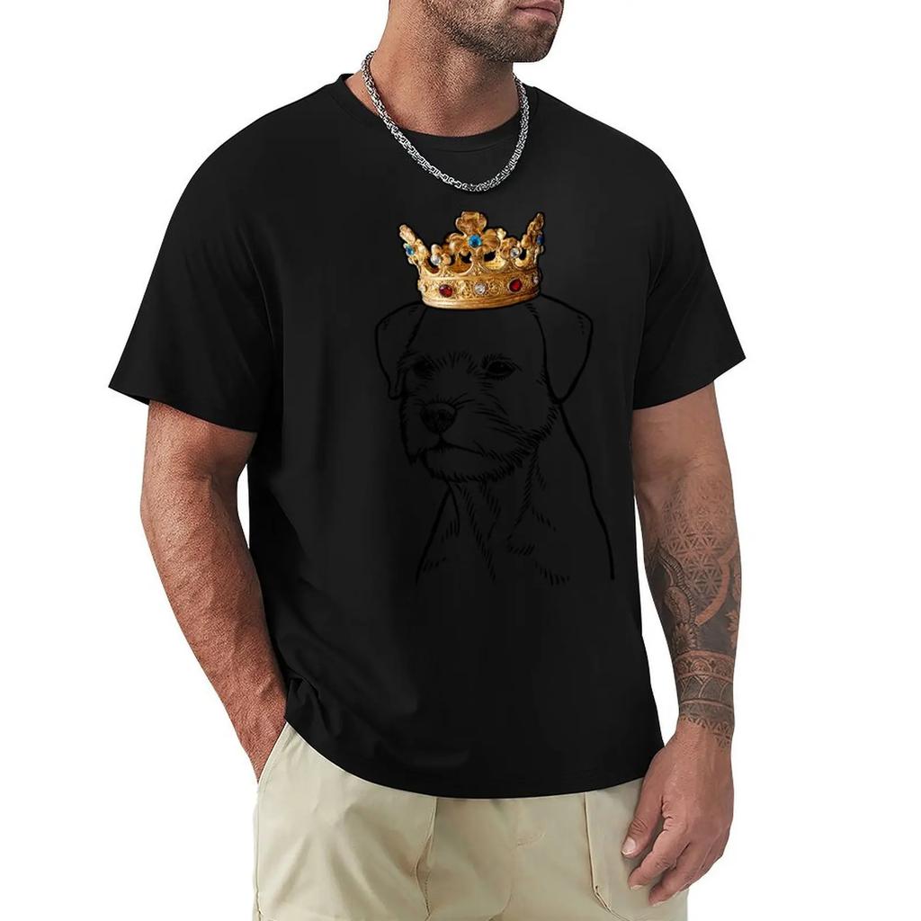 Border Terrier Dog Wearing Crown T-Shirt Short Sleeve Tee Summer Clothes Anime Stuff Black T Shirts for Men