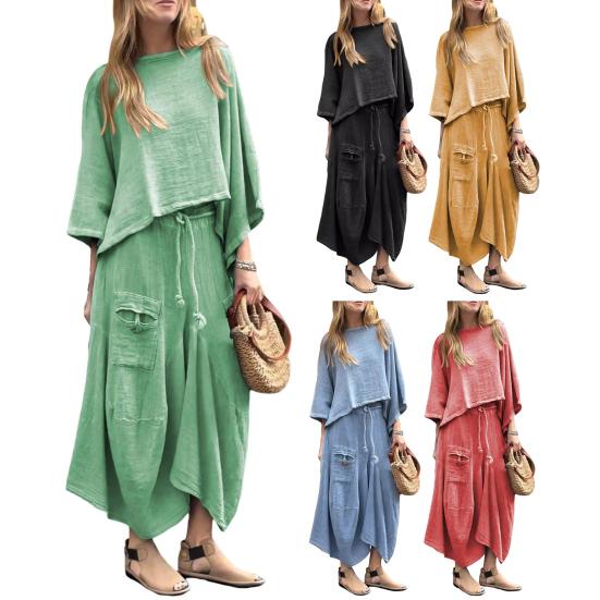 2 Pcs/Set Women Top Skirt Suit Round Neck Three Quarter Sleeve Slant Hem