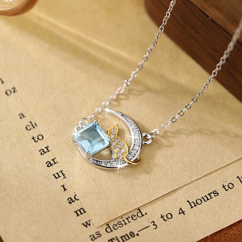S925 Sterlingsilber Mond Stern Halskette für Damen Naturstein Anhänger Süße Katze Schlüsselbein Kette Mode Retro Schmuck Geschenk