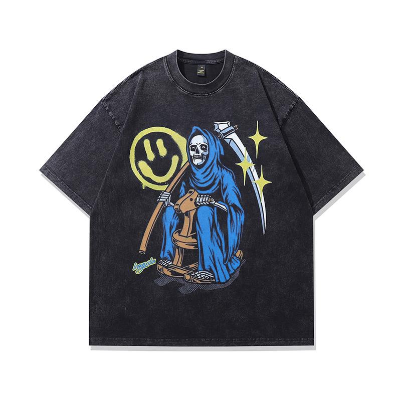 Trendy Brand Men'S T-Shirt High Street Retro Vintage Skull Printing Heavy Washing Cotton Short-Sleeved T-Shirt Men