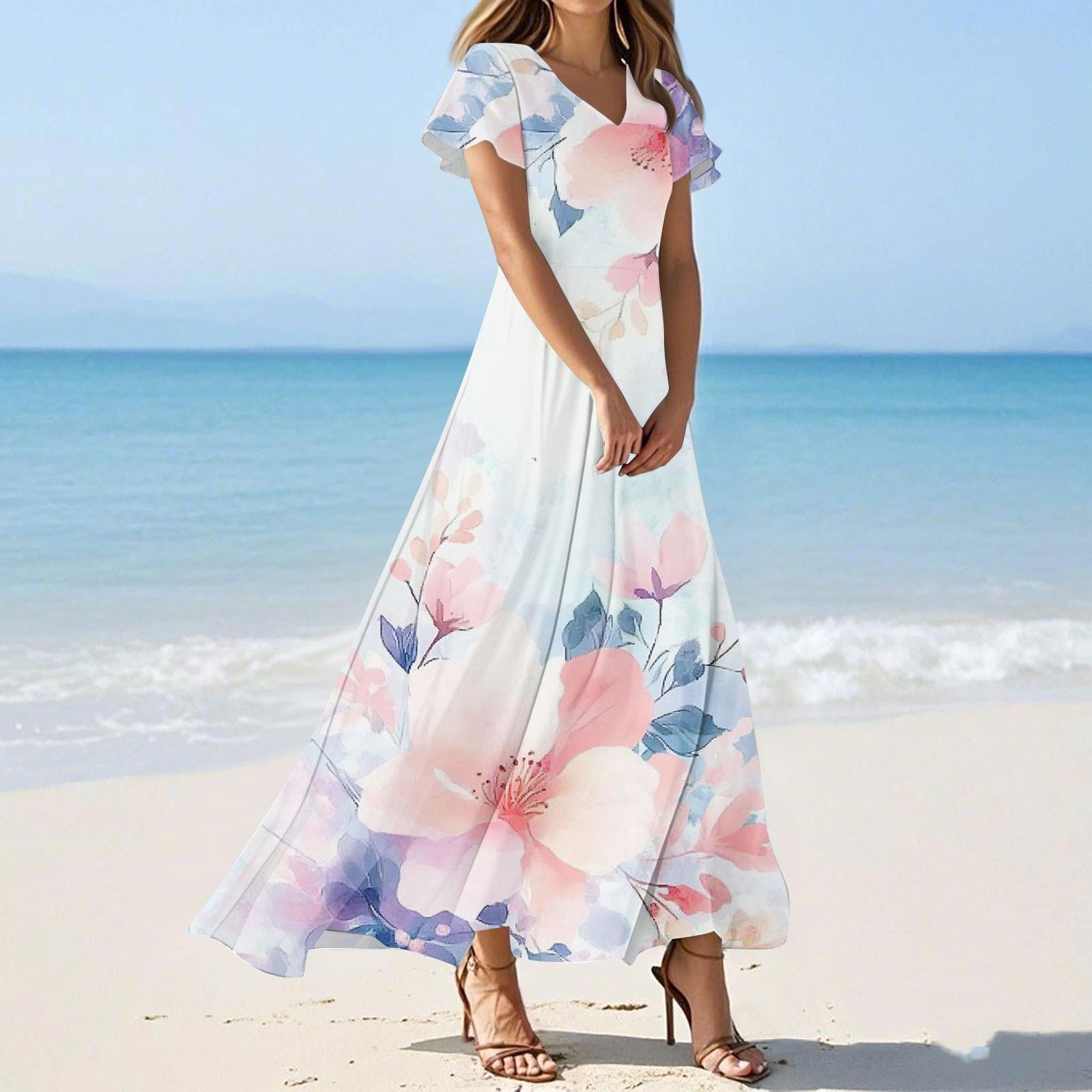 

Женское летнее повседневное модное платье с цветочным принтом и V-образным вырезом с коротким рукавом M светло-синий