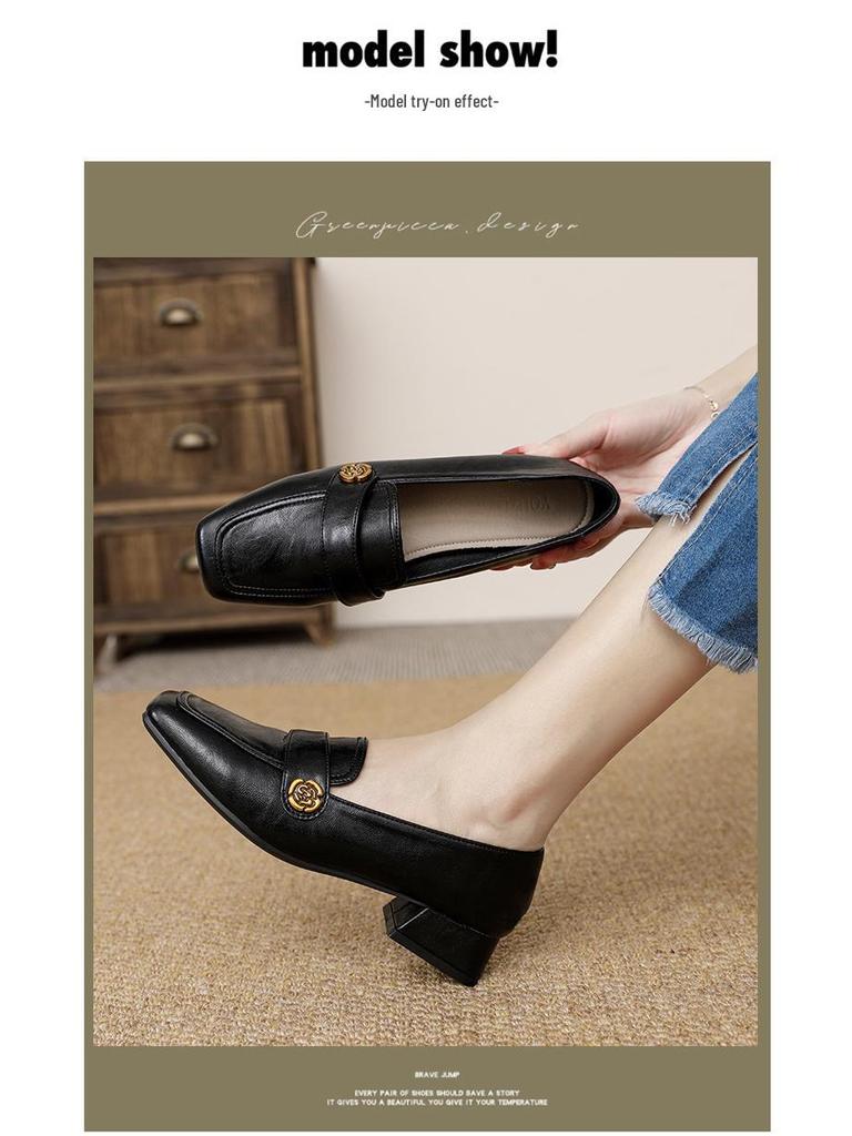 2024 Retro Chunky Heel Loafers: Versatile Square Toe, Medium Heel, Slip-on Leather Shoes for All Seasons