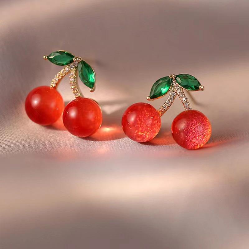 S925 Sterling Silver Red Cherry Starry Sky Cat s Eye Stud Earrings - Cute Sweet Design for Women