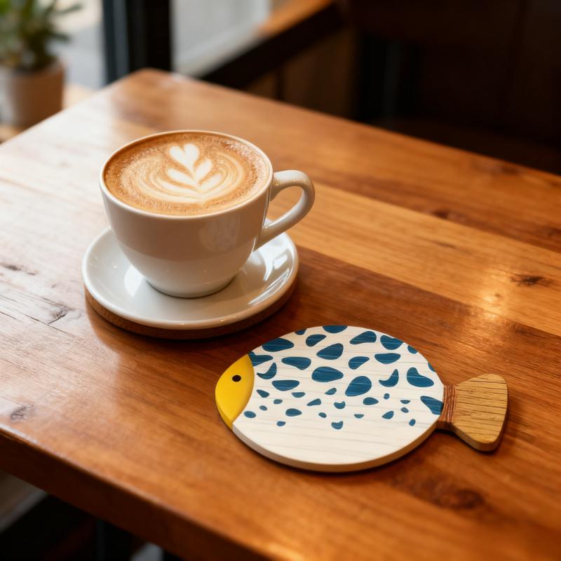 4PCS 2D 4in Artistic Cartoon Fish-Shaped Wooden Coaster Blue White Pattern Anti-slip Heat-resistant Home Coffee Shop Bar Gifts