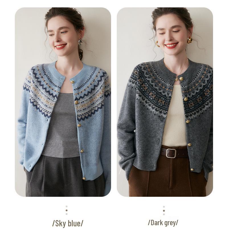 Women's Retro Fair Isle Cashmere Cardigan - Soft Long Sleeve Wool Sweater with Round Neck