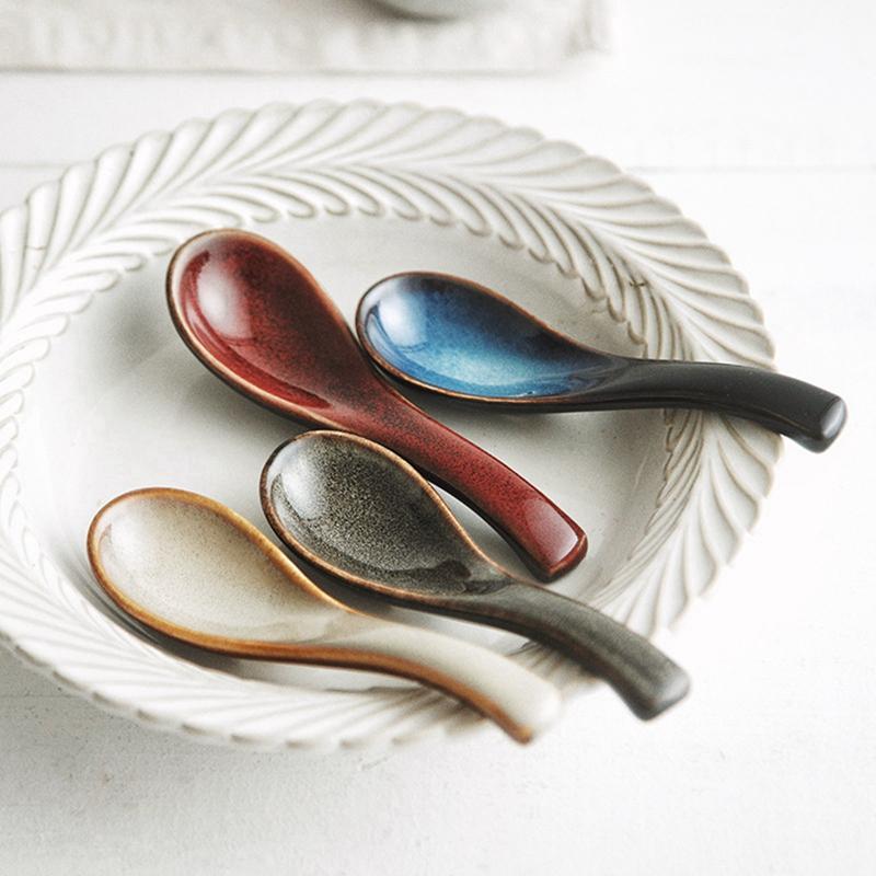 ABNO-4-Piece Spoon, Japanese Style Lamian Noodles Spoon Set, Blue Ceramic Spoon, Retro Porcelain Spoon