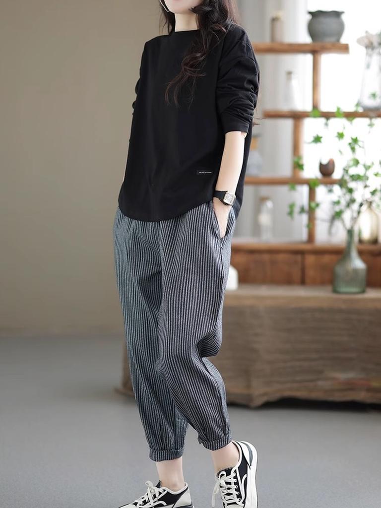 Maieu Dintr-o Singură Culoare Vintage Decupat Femei Toamnă Iarnă Stil Nou Casual Mânecă Lungă Largă Tricou Top Femei Trendy