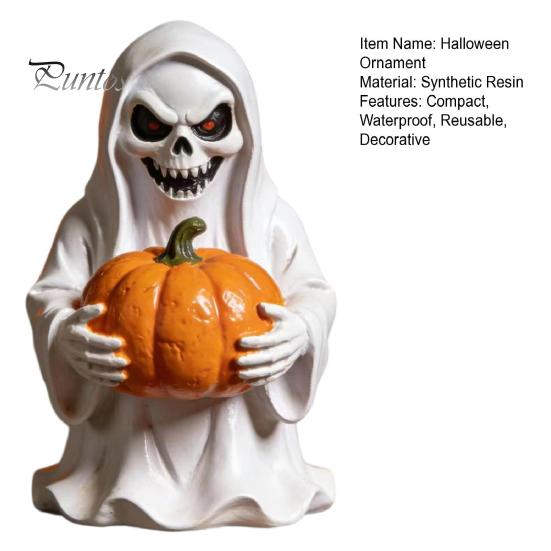 Durable Resin Halloween Ornament White Ghost Pumpkin Statue, Spooky Holding Mini Party Props for Countertops Figurine Garden Yard Tabletop Mantel Home