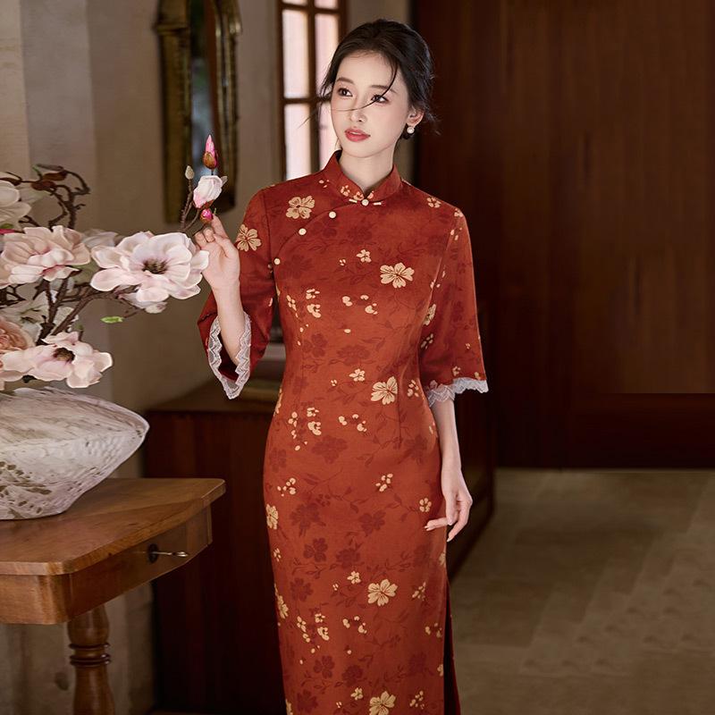 Orange national style new Chinese long autumn long-sleeved cheongsam improved young women's high-end sense retro spring and autumn clothing