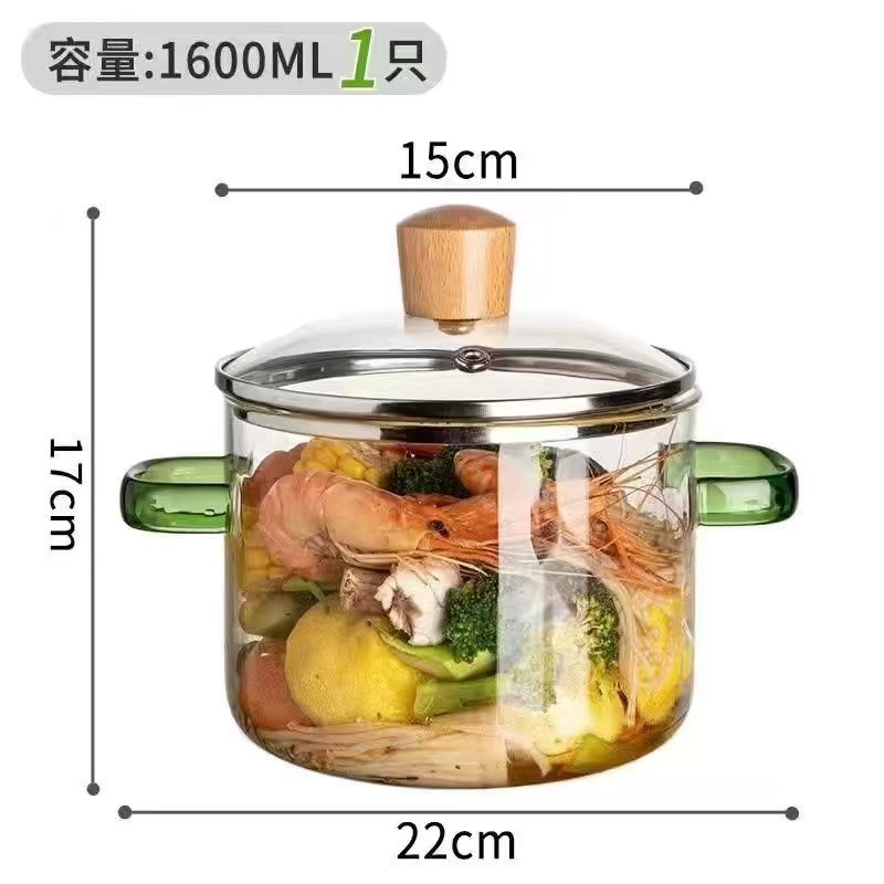 1.6L High Borosilicate Glass Pot, Clear Vertical Striped Cooking Pot, Double Handle Stovetop Pot for Soup Noodle Stew, Microwave & Cooker Safe