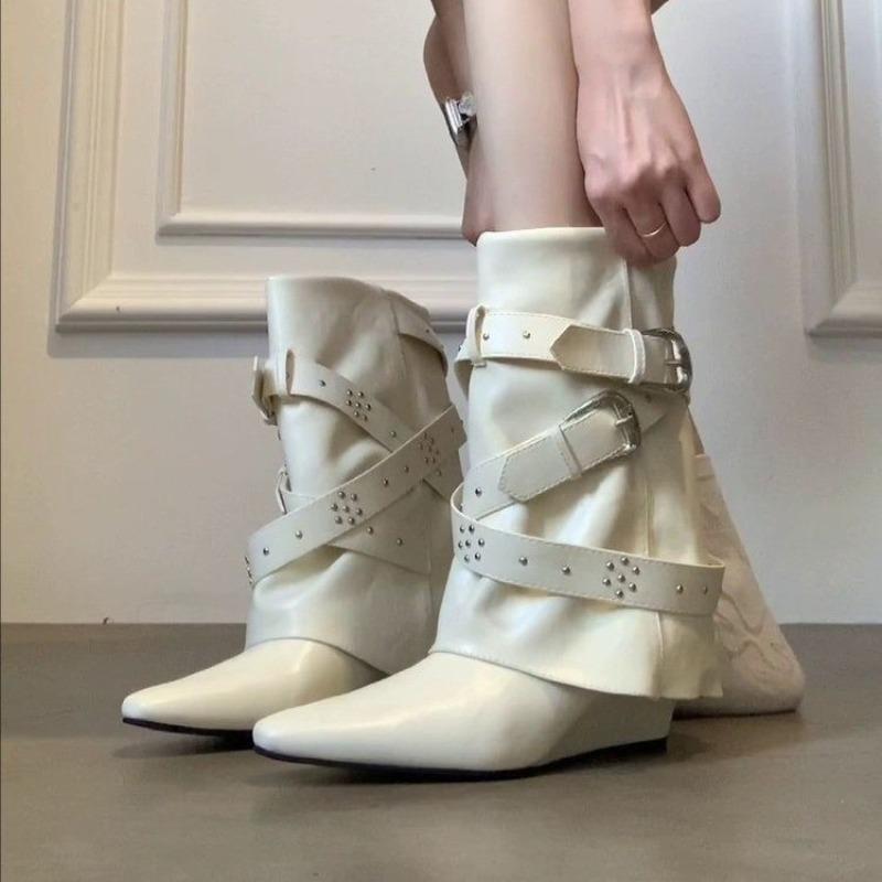 Fashion French Pants Boots Women's Pointed Toe Wedge Heel Mid-Tube Knight Boots Niche High-end Booties