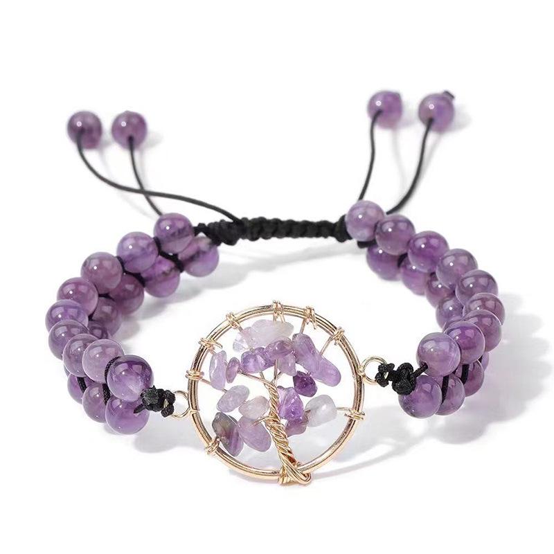 Natural Stone Double-Layer Woven Bracelet for Women - Retro Crushed Stone & Wire Wrapped Tree of Life Design