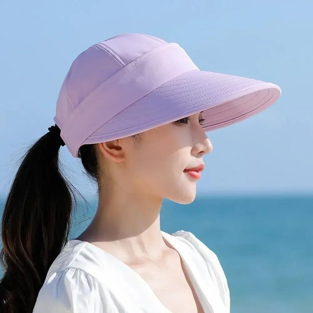 Dual Use Model Women Summer Sun Hat Casual Foldable Wide Brim Detachable Empty Top Ponytail Cap Adjustable UV Protection Sun Hat