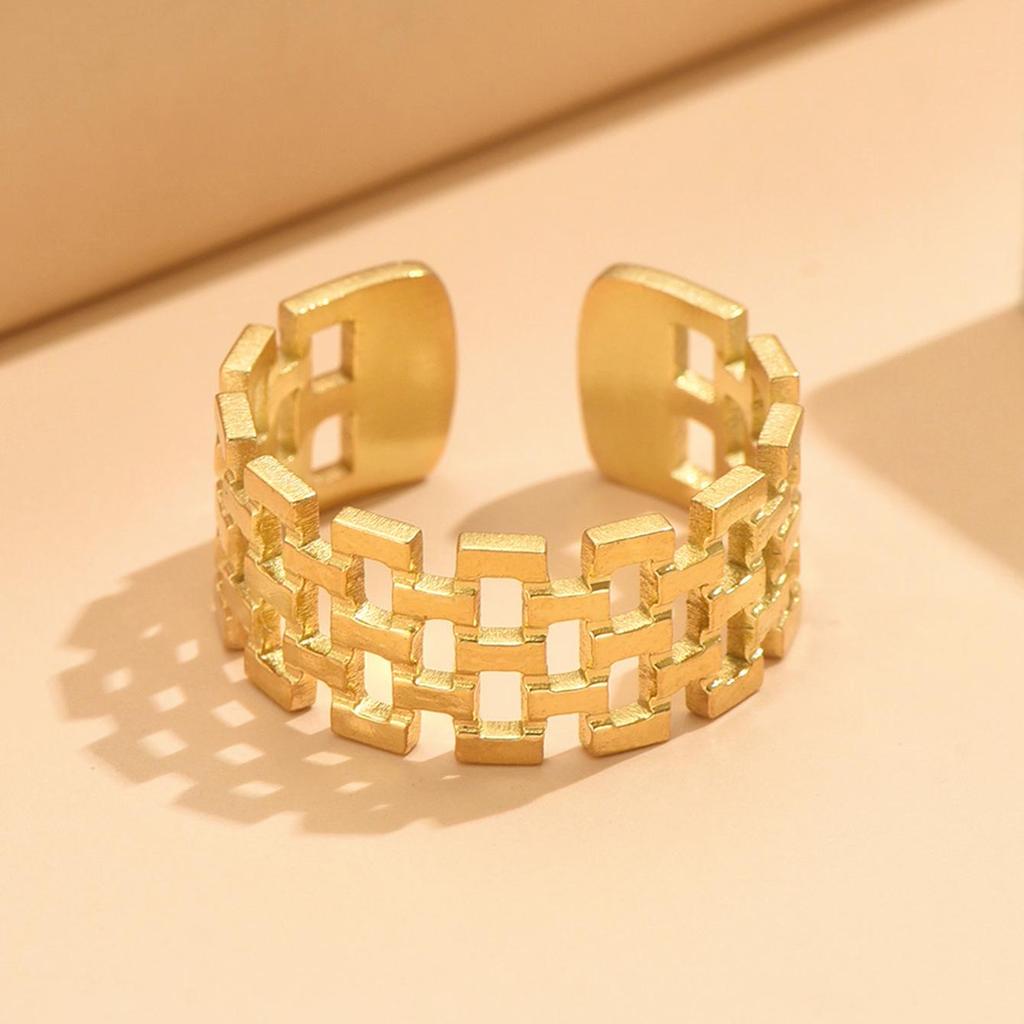French Retro Double Row Open Square Chain Stainless Steel Ring - Women's Versatile Dress Accessory