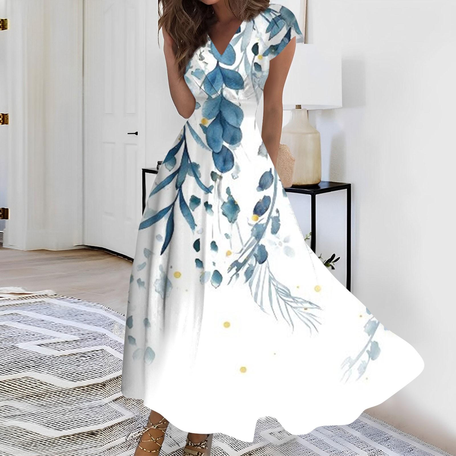 

Женское длинное платье Макси-платье Повседневное платье Летнее повседневное платье с короткими рукавами и v-образным вырезом в стиле бохо с талией и принтом XL