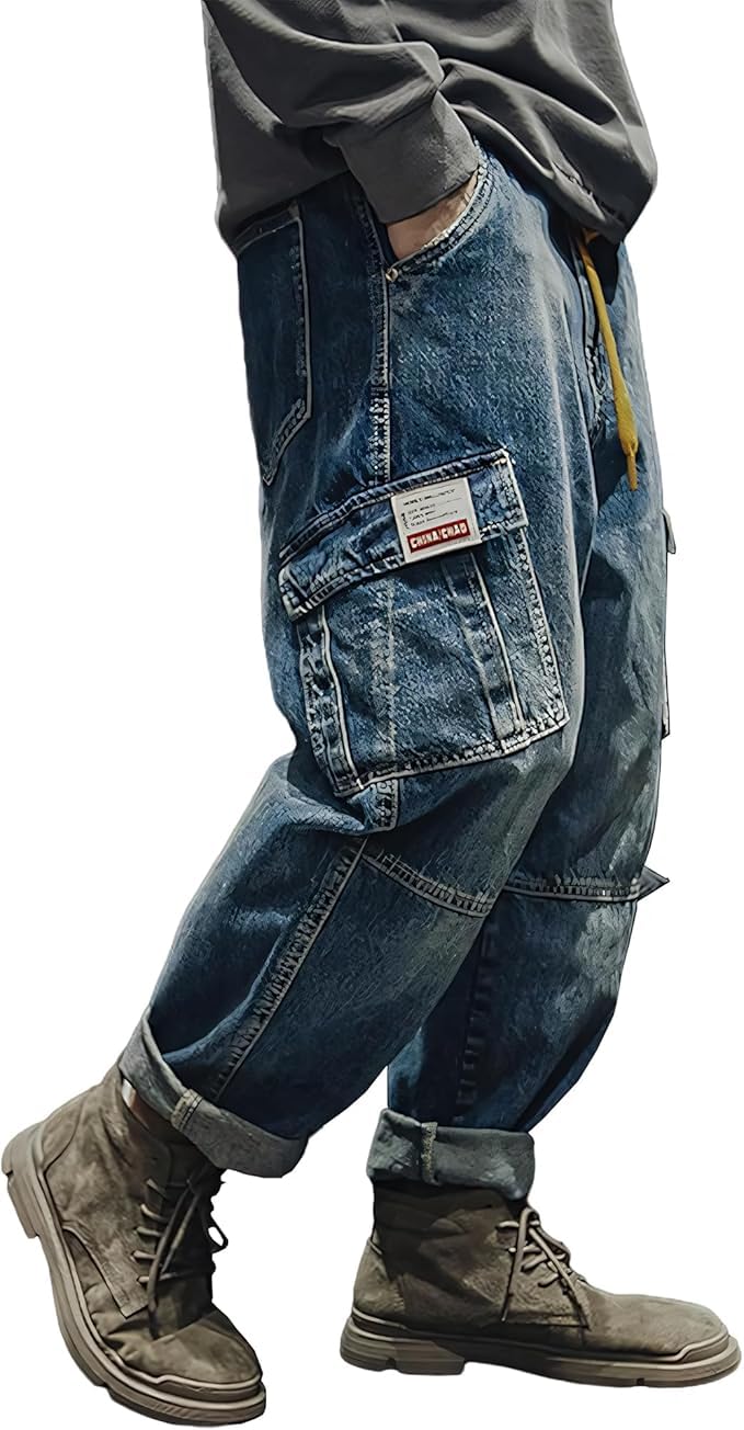 NicoJAPAN Kayiyasu Cargo Sarouel Oversized Stijlvolle Maat Herenbroek, Wijde Pijpen Jeans, Silhouet, Lang, Casual, (Blauw B810, XL)