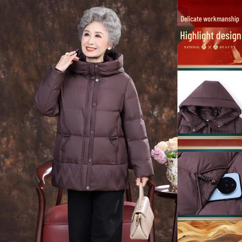 Loose Hooded Winter Down Jacket for Middle-aged and Elderly Women – Warm White Duck Down Coat