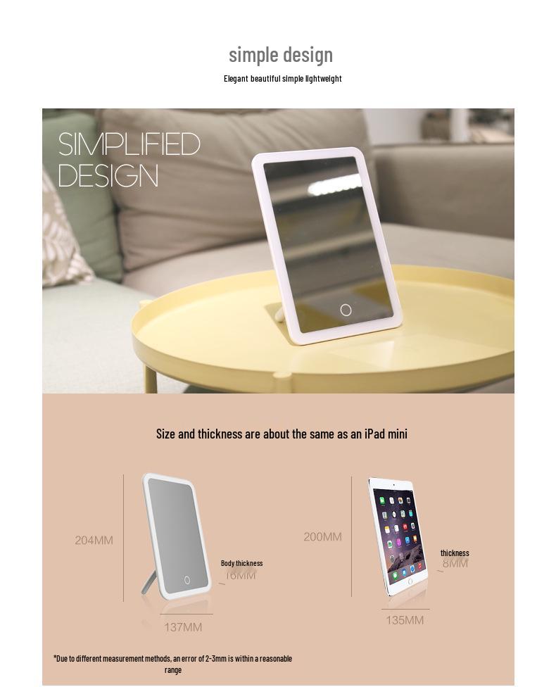 Peach LED Makeup Mirror with Intelligent Touch Dimming, HD Lighting, and Rechargeable Function.