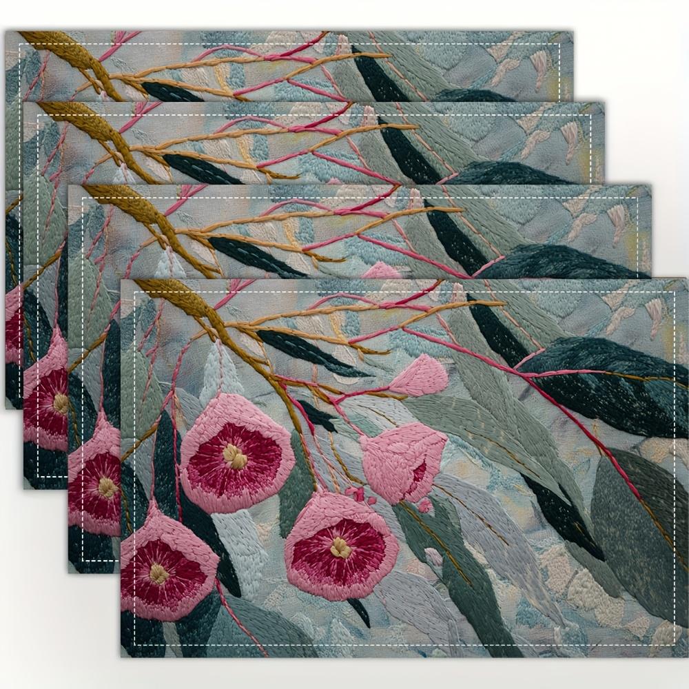 Embroidered Floral Placemat Set of 4 Linen Table Mats with Pink Flowers for Dining Table Kitchen Decor Elegant(table mats) 4PCS