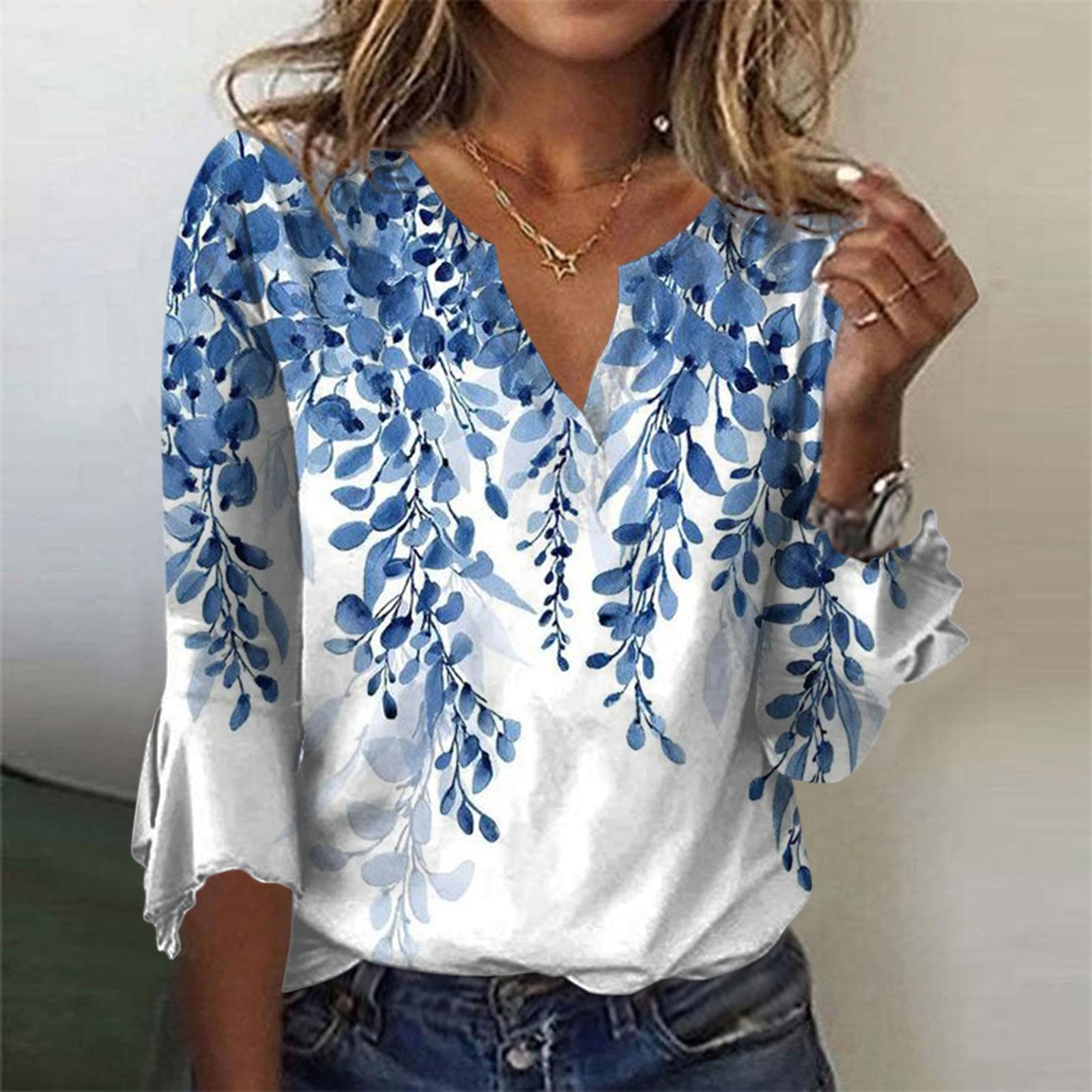 

Women s Top Loose Casual V-neck Printed Blouses Bell 3/4 Sleeve T-shirt XXL синій