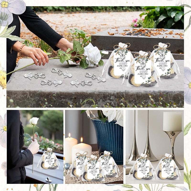 20 Set Funeral Favors, Celebration Of Life Favors Angel Keychains Organza Bags Sympathy Thank You Tags For Memorial Supplies