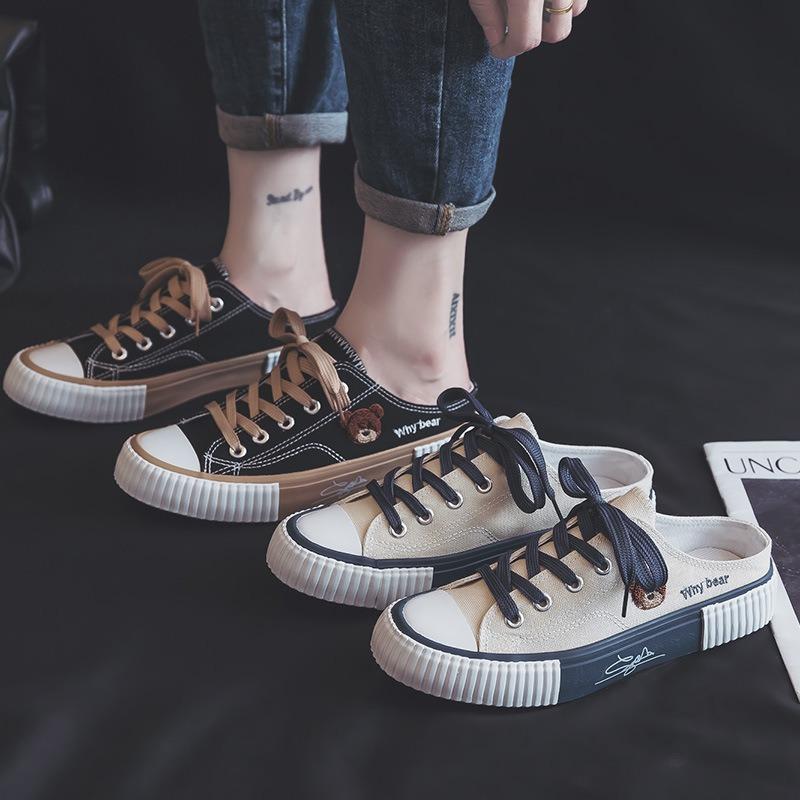 Spring low-top shallow-mouth espadrilles women's bear head without heel half-support shoes tide