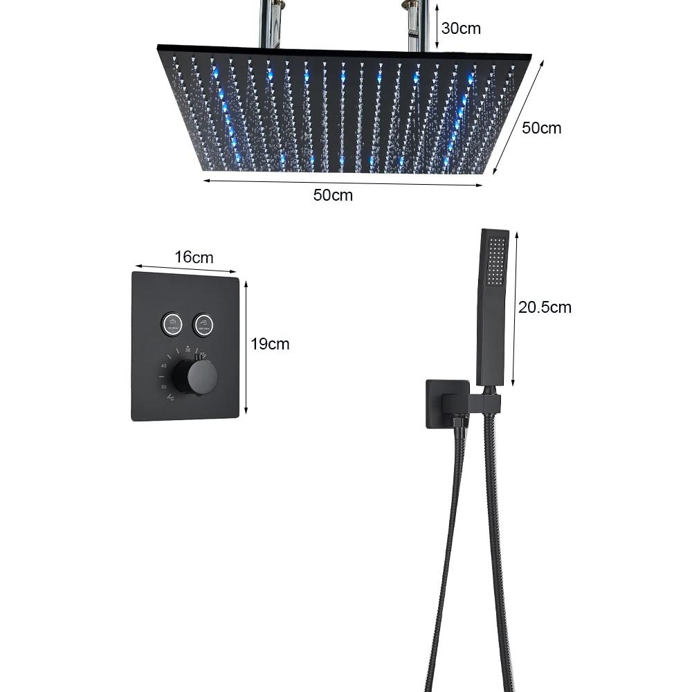 Matte Black LED Thermostatic Shower Faucet 40*80 Large Rain Waterfall Shower System Button Control 3Ways Mixer Installation Arm