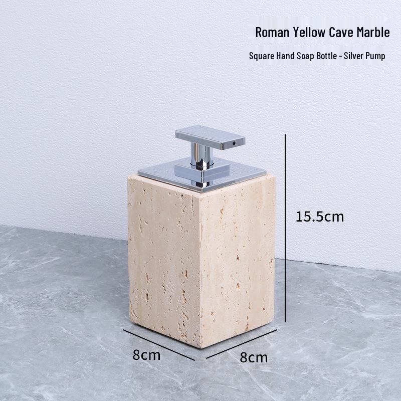 Badezimmerset aus gelbem Marmor im chinesischen Stil: Tablett, Aromatherapie-Ornament, Handseifenspender & Taschentuchbox.