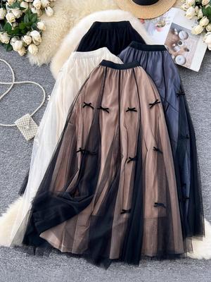 Women's High-End Fairy Bowknot Tulle Midi Skirt - Autumn/Winter Slimming Mesh Puff Design