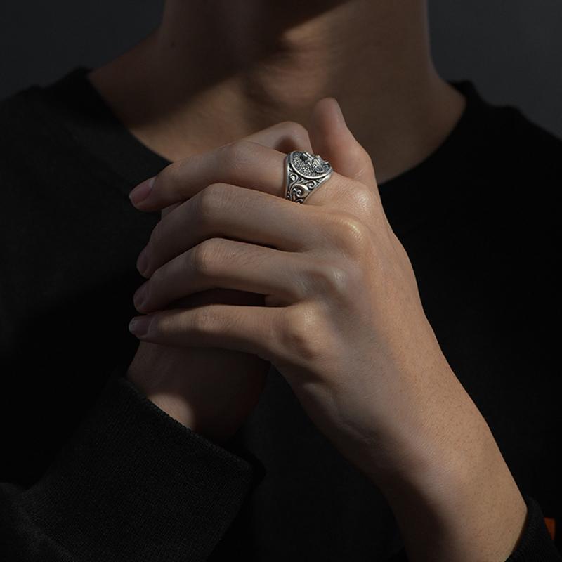 Little Wolf Head Ring Men's Trendy Ins Retro Single Index Finger Domineering Trendy Men's Open Ring