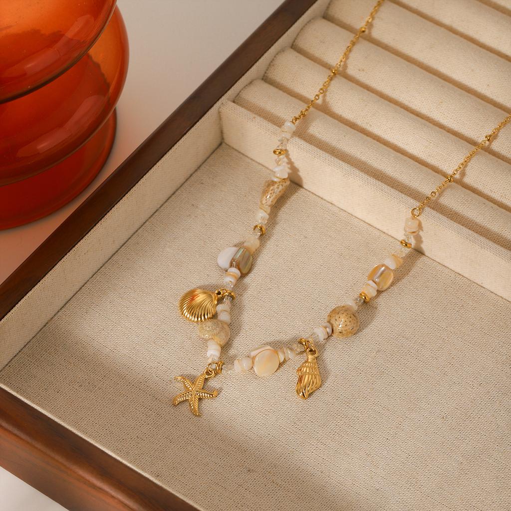 Summer Ocean Conch Starfish Shell Beaded Pendant Necklace