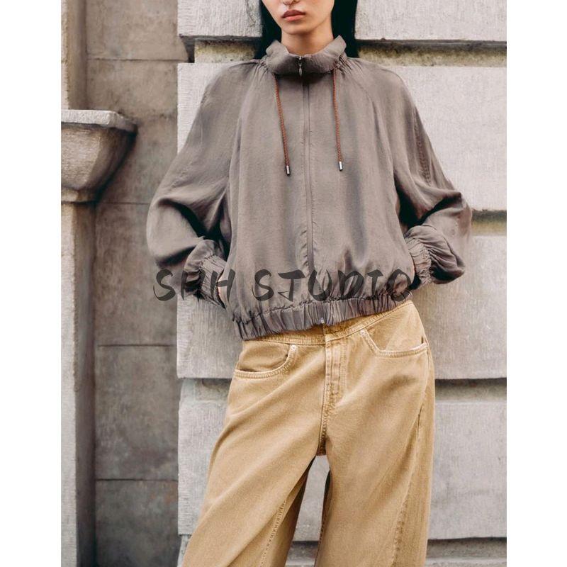 Fall New Women's Clothing Contrast Color Lace-up High Collar Long Sleeves Vertical Pilot Jacket Outwear 2183245