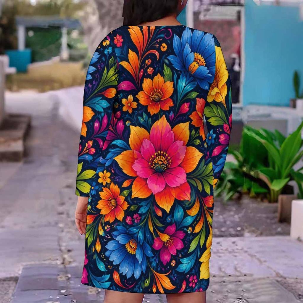 Women Plus Size V Neck Long Sleeve Blue Floral Printed Fitted Straight Dress