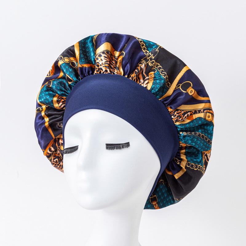 European American Print Satin Sleep Cap - Wide Brim Silky Hair Protection Hat for Women
