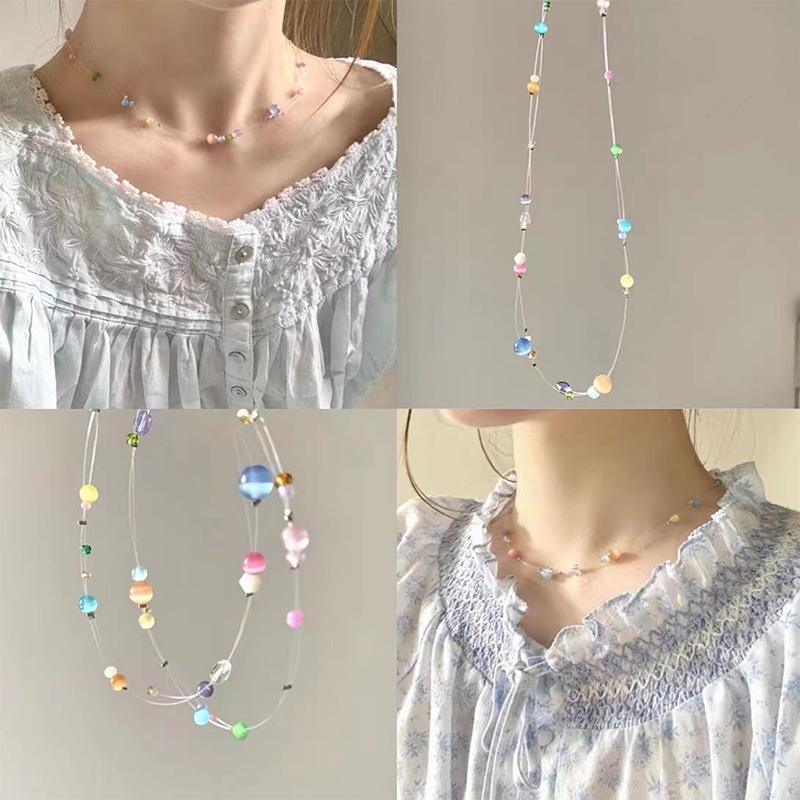 Bohemian Fish Line Beads Choker Candy Color Beach Jewelry Summer Clavicle Necklace For Women Charm Invisible Fishing Line Choker